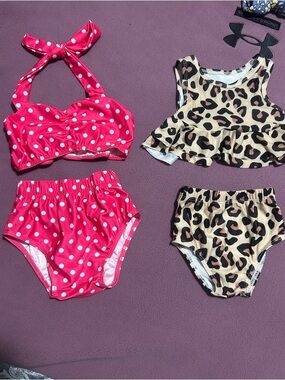Girls Pink Polka Dot Bikini Set with Leopard Print Ruffle Top